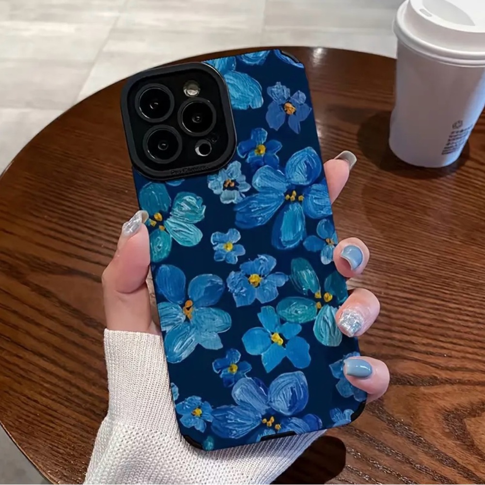 Apple iPhone Phone Case Ribbed PU Leather Blue Small Floral Pattern